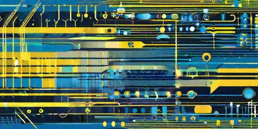 Prompt: Design an abstract, cosmic artwork in varying shades of blue, representing the flow of data and yellow electrical signals. Incorporate elements of binary codes, circuit designs, and wave patterns. 