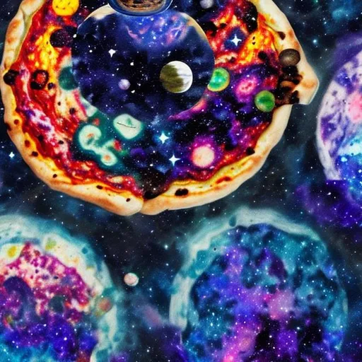 Prompt:  Galaxy with moon and planets and small painting looking floating pizzas for phone wallpaper