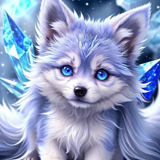 Prompt: (masterpiece, professional oil painting, epic digital art, best quality:1.5), insanely beautiful tiny ((wolf pup)), (canine quadruped), ice elemental, silky silver-blue fur covered in frost, timid, ((insanely detailed alert crystal blue eyes, sharp focus eyes)), gorgeous 8k eyes, fluffy silver neck ruff covered in frost, two tails, (plump), fluffy chest, enchanted, magical, finely detailed fur, hyper detailed fur, (soft silky insanely detailed fur), presenting magical jewel, moonlight beaming through clouds, lying in frosted meadow, grassy field covered in frost, cool colors, professional, symmetric, golden ratio, unreal engine, depth, volumetric lighting, rich oil medium, (brilliant auroras), (ice storm), full body focus, beautifully detailed background, cinematic, 64K, UHD, intricate detail, high quality, high detail, masterpiece, intricate facial detail, high quality, detailed face, intricate quality, intricate eye detail, highly detailed, high resolution scan, intricate detailed, highly detailed face, very detailed, high resolution