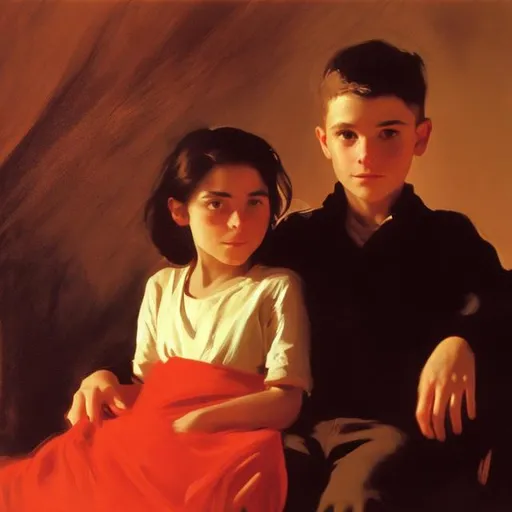 Prompt: painting of me, a young girl ans a young boy. we are sitting in a room with red draping around us and the lighting is warm. it is in the style of john singer sargent
