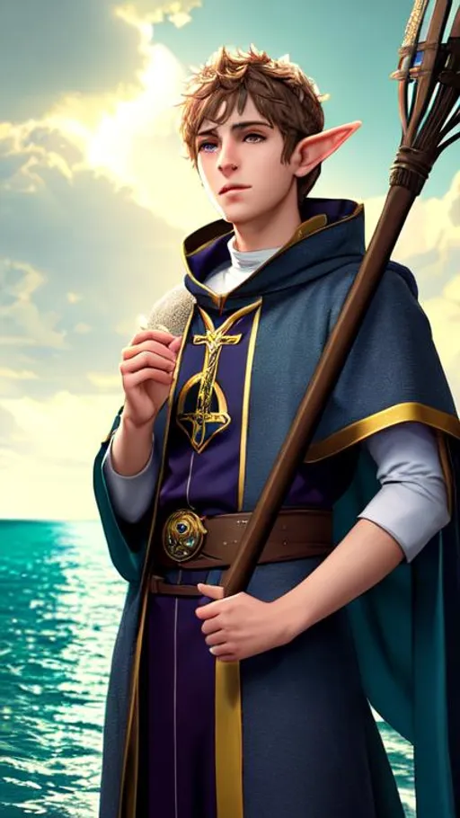 Prompt: Young priest elf, UHD, 8k, realistic art, Very detailed, panned out, 32k, he is emitting bursts of raindow from his hands, his body is sweaty, his face is visible, fantasy illustration,he wears few clothes ,back view, he is in the sea, he is casting a spell