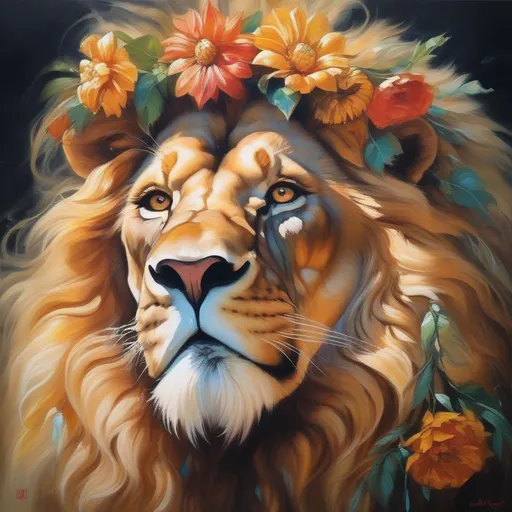 Prompt: (masterpiece, thick oil painting, Dungeons & Dragons, best quality), beautiful portrait of a majestic & noble Lion, deity [sun god], peacefully smiling, staring out into the distance, wearing a flower wreath,