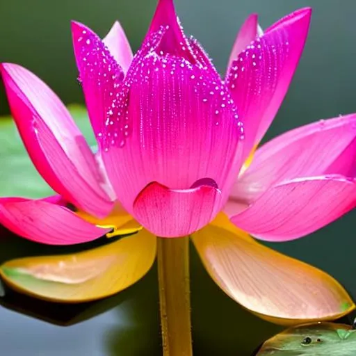 Prompt: One lotus flower with water drops on its petals 