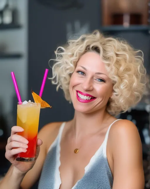 Prompt: A beautiful 35 yo woman with short curly blonde hair drinking The weirdest cocktail ever 