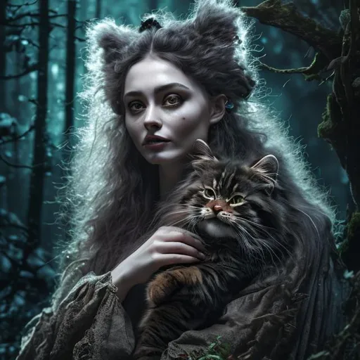 Prompt: highly detailed woman with norwegian forest cat into dark forest making witchcraft, witch of forest, highly detailed eyes, high resolution scan, 64k, UHD, HDR, hyper realistic, Sony A7 IV, Sony FE 70mm f/2.8 G Master II, magical context, neon lights, crystal clear photograph, absolutely real.