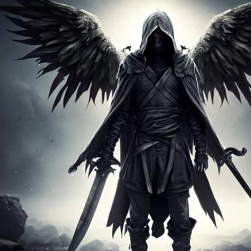Prompt: a fallen angel with a sword and a hood covering his face in 4k resolution, full body, facing the screen