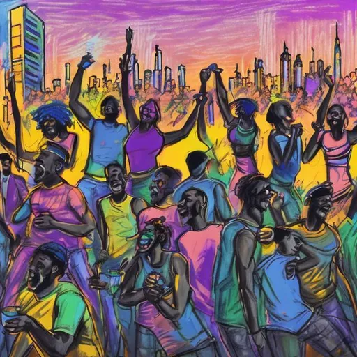 Prompt: oil pastel, group of black people urban, roof top, drinking alcohol dancing, laughing, listening to music, party, disco, DJ mixing records, sharp high detail