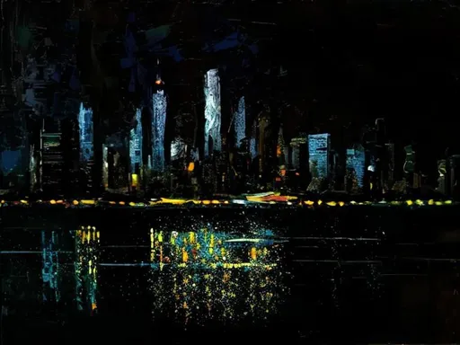 Prompt: Thick oil impasto York Skyline from 42nd Street Pier, thick oil impasto