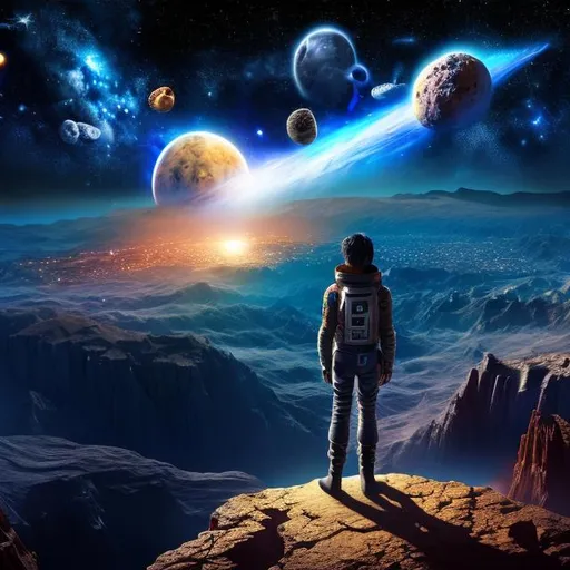 Prompt: scene of a man standing on a cliff in outer space, cosmic background, hd