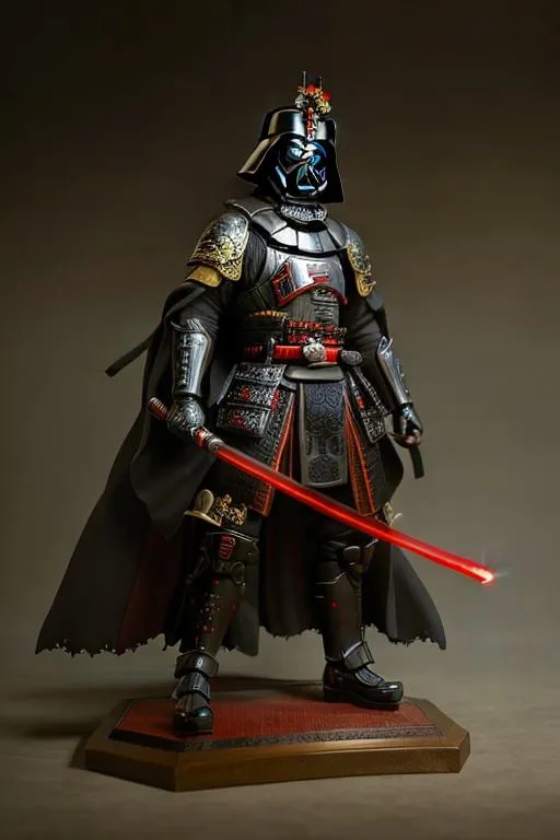 Prompt: samurai darth vader, epic fight scene, holding glowing red flaming sword, full body, hyper realistic, intricate, apocalyptic, --v 4