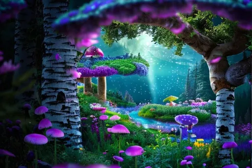 Prompt: 8k resolution, hyper-realistic, professional scenic photograph, landscape forest with mushrooms and a smaller purple fairy portal include small fantasy animals, large realistic birch trees, big pink and purple flowers, and small light bugs. include a small purple fairy with wings