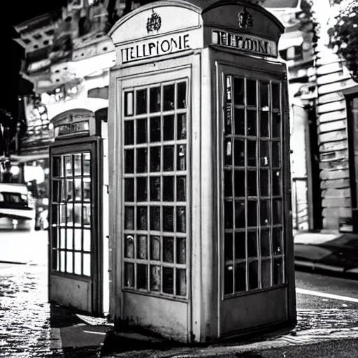 Prompt: A telephone box on the street at night 