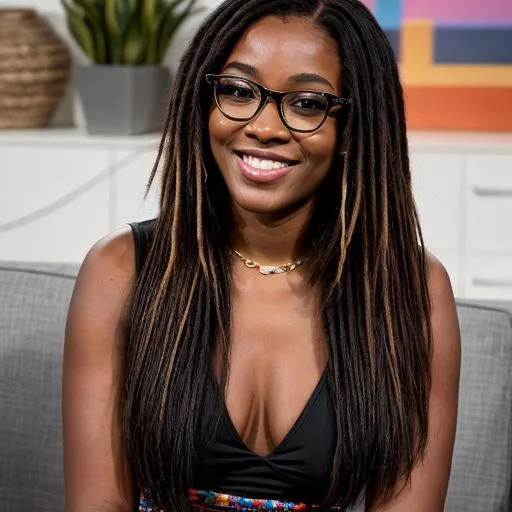 Prompt: Age=19 HD realisitic art of a beautiful skinny but curvy black woman  on a morning sit down news program. She has short sisterlocks  with a Bright coloured pantsuit  wearing round glasses.  age=20