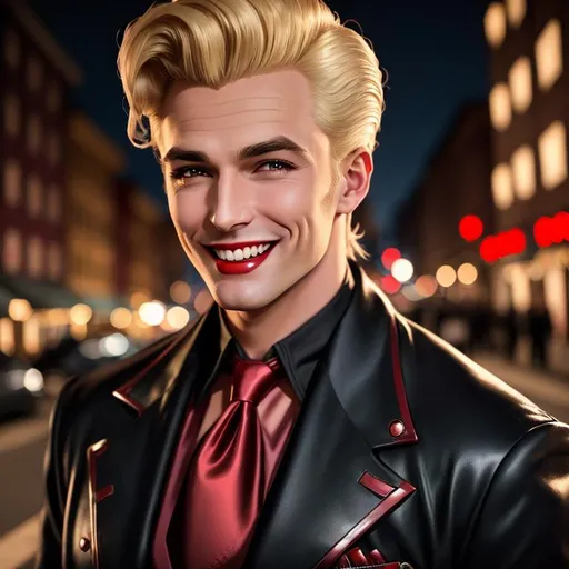 Prompt: Male vampire inspired 1950's sitcom husband, wearing 1950s American clothing, blonde hair, he is looking down at the viewer, detailed symmetrical face, attractive face, full body picture, grin showing perfect teeth, cyberpunk night time style background, well lit by street lights, vampire, Clan Tremere