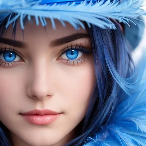 Prompt:  Girl with blue eyes wearing a blue feather boa, and a hat, closeup