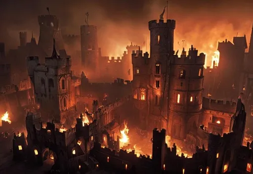 Prompt: a burning castle in the center of a medieval city is surrounded by undead and zombies