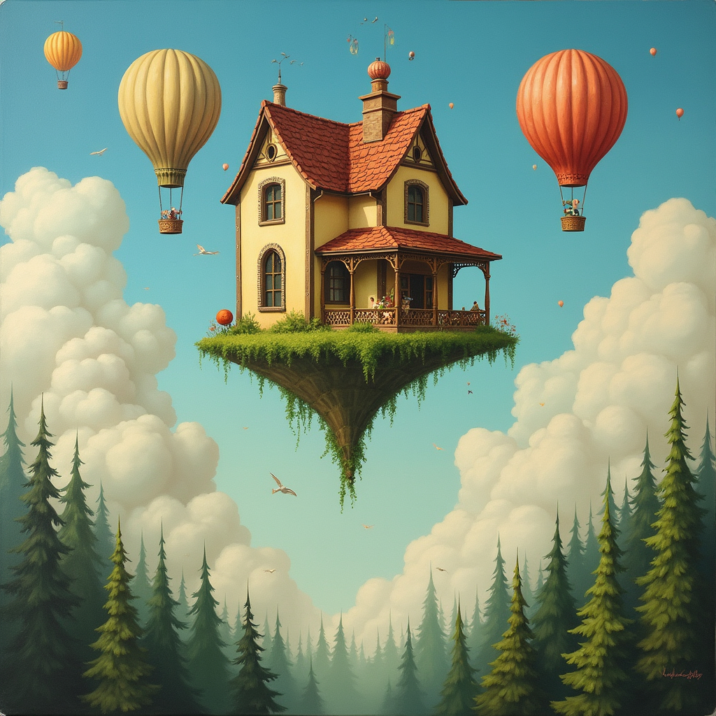 a painting of a house in the sky with hot air balloo...