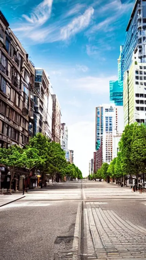 Prompt: street in a city, green enviroment, with buildings, without cars,clean photo