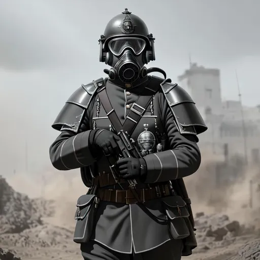 Prompt: Portait of German General  wearing a gasmask and goggles, Black and gray platearmor with  galea helmet of roman armor  WW1, white real color,  Hyperdetailed photorealism, 108 megapixels, amazing depth, powerful imagery, psychedelic Overtones, 3D finalrender, 3d shading, cinematic lighting, artstation concept art.