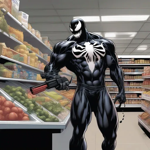 Prompt: Venom Symbiote, robbing grocery store with a shotgun