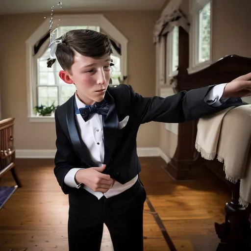 Prompt: 13 year old boy in a tuxedo stretching his magic bow tie causing a magic spell to come flying out of the knot of his bow tie 