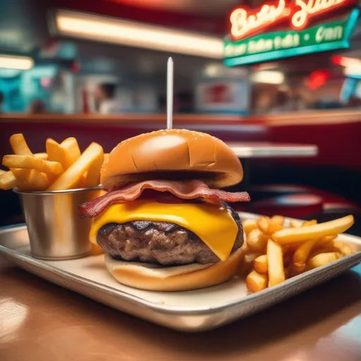 Prompt: a delicious bacon and cheese burger in a sesame bun on a plate, side order of fries in a 1950's style diner