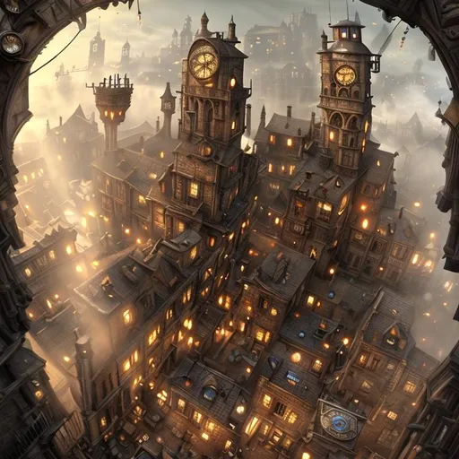 Prompt: medieval fantasy steampunk town, first-person view, medium-long distance, large central clock-tower, buildings covered in clocks and gears, detailed digital art, hyper realistic