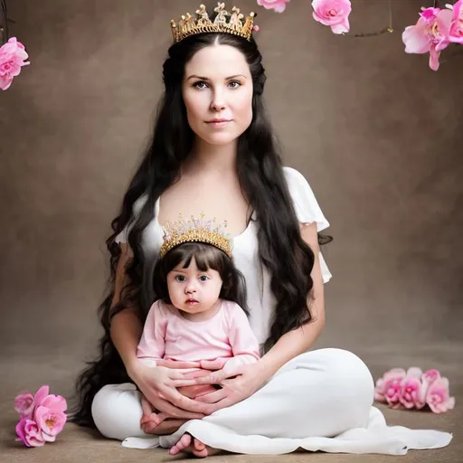 Prompt: young mother with long white hair with a crown or pink flowers sitting oh her knees holding a baby