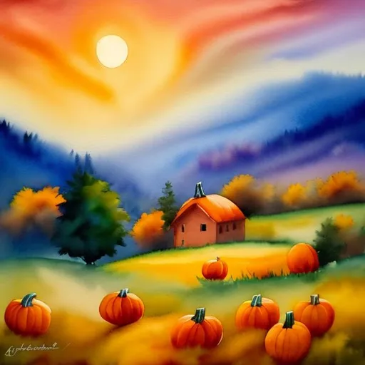 Prompt: (masterpiece, best quality:1.2), A watercolor painting/oil painting. A spooky pumpkin in a pumpkin patch during a golden sunrise over a green field on a misty morning.