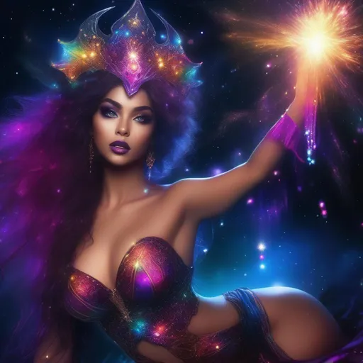 Prompt: A complete body form of a stunningly beautiful, hyper realistic, buxom woman with incredible bright, wearing a colorful, sparkling, dangling, glowing, skimpy, bo-ho, goth style,  flowing, sheer, fairy, witch's outfit on a breathtaking night with stars and colors with glowing, hyper real mythical sprites flying about