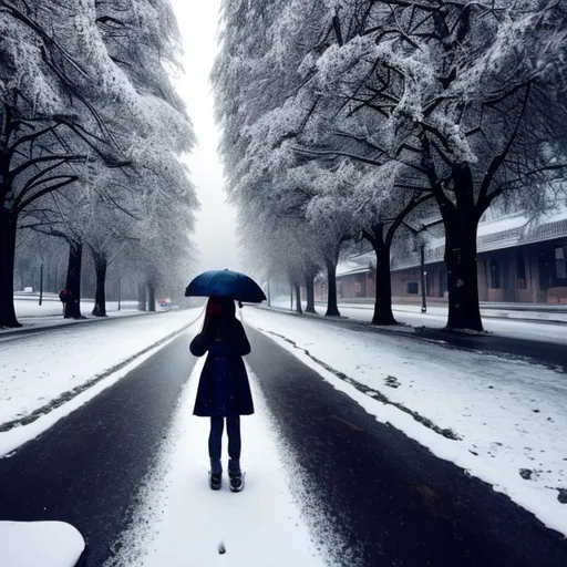 Prompt: Trees,snow, girl in road, rainy weather,