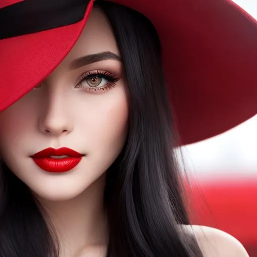 Prompt: Beautiful woman wearing red dress, red hat, red lipstick, long black hair, facial closeup