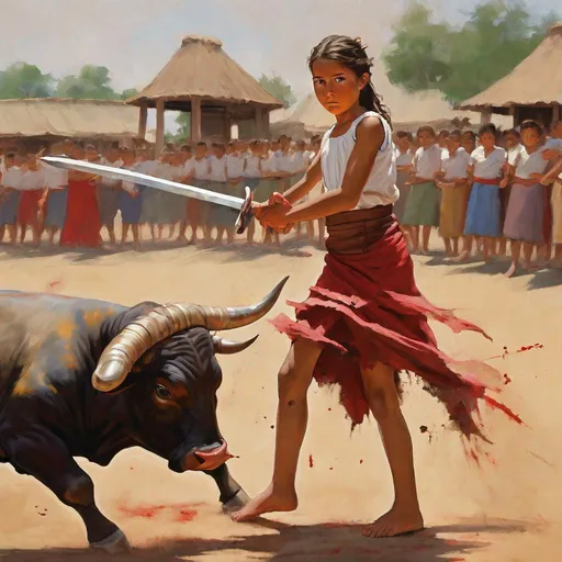 Prompt: barefoot 11 year old girl, dress,  carrying bloody sword, making bullfight, heavily bleeding bull with many many swords in back and belly