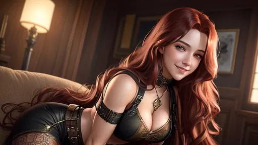 Prompt: extremely realistic, hyperdetailed, , extremely long red wavy hair  girl, blushing, smiling happily, wears steampunk clothing, toned body, showing  midriff, highly detailed face, highly detailed eyes, full body, whole body visible, full character visible, soft lighting, high definition, ultra realistic, 2D drawing, 8K, digital art by Ilya Kuvshinov, squatting