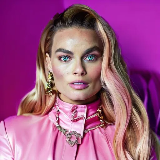 Prompt: High quality picture of Margot Robbie wearing a high detailed inspired pink Barbie Balenciaga outfit in a Barbie world background
