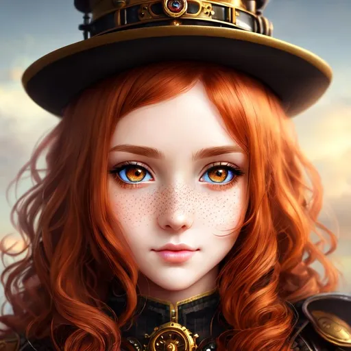 Prompt: detailed portrait beautiful girl big dreamy eyes. detailed face (high detailed skin:1.2), freckles, long curly ginger hair, dark fantasy. anime, steampunk, 4k, hdr
