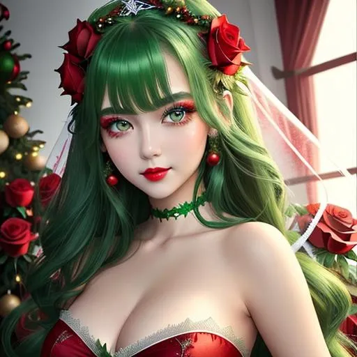 Prompt: Christmas fairy ,Beautiful and Gorgeous red roses in hair,  very light green eyes,pretty makeup, facial closeup