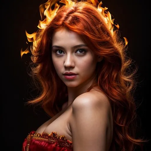 Prompt: fire girl, oil painting, UHD, 8k, Very detailed, cinematic, realistic, photoreal, trending on artstation, sharp focus, studio photo, intricate details, full body, beautiful girl, red hair with flames, red eyes