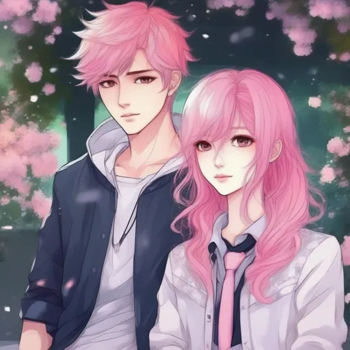 Prompt:     anime boy manhwa style cute and pretty, with eye pretty detailed , with pink hair,  Bright style, With his partner a girl