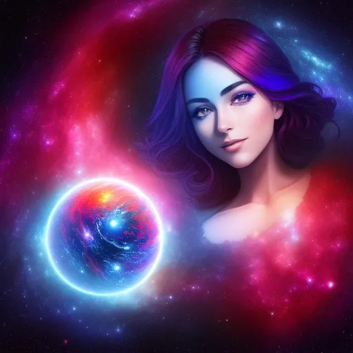 Prompt: A fractal galaxy with red and blue tones with a small planet earth in the foreground, Beautiful, ethereal (luminous woman), full body, perfect eyelashes, stunning eyes, extraordinary lips, phenomenal nose, marvelous smile, incredible eyebrows, cleavage, highly detailed face, hyper-realistic facial features, cinematic 3d volumetric, fantasy, intricate, highly-detailed, elegant, dramatic lighting, gorgeous face, lifelike, photorealistic face, curl long multicolored beaming voronoi clusters fractal Hair, long luxurious lace gown, digital painting, artstation, illustration, concept art, smooth, sharp focus, art by Jude Palencar, Luis Royo, John Collier and Albert Aublet and Krenz Cushart and Artem Demura and Alphonse Mucha, highly detailed painting, looking at viewer, portrait, photography, detailed skin, realistic, photo-realistic, 8k, highly detailed, full length frame, High detail