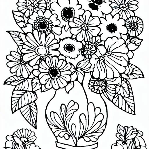 Prompt: Coloring page style, floral, black and white