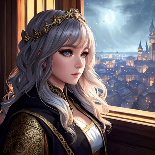 Prompt: half body portrait, female , cleric,  detailed face, detailed eyes, full eyelashes, ultra detailed accessories, detailed interior, city background, full robes, short wavy hair, dnd, artwork, dark fantasy, tavern interior, looking outside from a window, inspired by D&D, concept art, night time