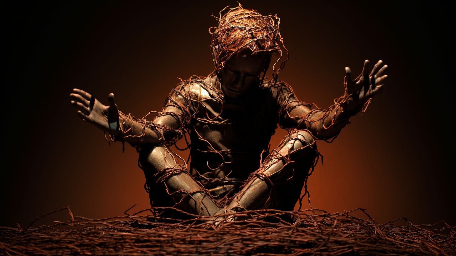 Prompt: artistic raw photo style of a barbwire copper human figurine, with dramatic lighting, shadow play, and a creatively arranged background to enhance the artistic feel, focusing on the intricate details and textures --ar 16:9 --v 5.2