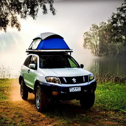 Prompt: photography of Suzuki 4x4 with rooftop tent, morning, mist, rays of light, beautiful, park by the lake