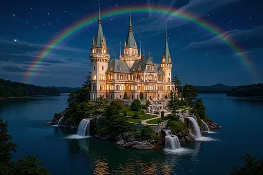Prompt: A castle modeled after Peleș Castle, Romania, is perched on floating island. Its hovering over a blue lake. the sky is twilight blue like with hints of stars and a subtle rainbow in the background. Three waterfalls cascade off the island into the lake. The island is expansive with  a small forest and a large pond with a fountain on the surface in front of the castle. Verdant greenery surrounds the castle. The semi aerial view of the castle's towering four spires tiled in blue green and intricate stonework are beautifully illuminated by the warm glow interior lights. A subtle rainbow arcs in the distance above the castle.