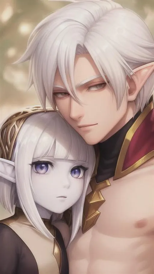 Prompt: Handsome Pale Boy half elf with white hair romantically involved with a white-haired, dark-skinned girl elf