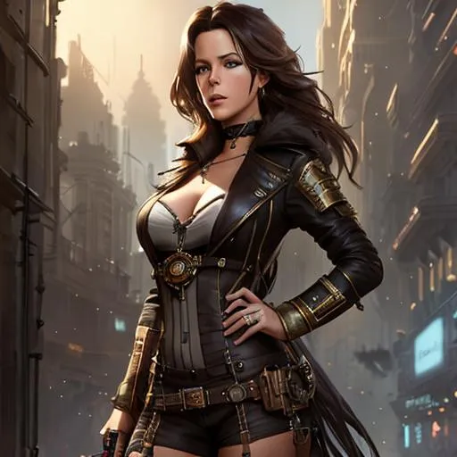 Prompt: Professional painting of a beautiful steampunk Kate Beckinsale as a space pirate, by Jeremy Mann, Rutkowski, and other Artstation illustrators, intricate details, face, full body portrait, headshot, illustration, UHD, 4K, high resolution face, detailed face, high definition eyes, detailed eyes, long flowing dark brown hair, cityscape, black desert online, velia, 8k, hypermaximalist, elegant, ornate, hyper realistic, anime, dramatic, digital painting, artstation, smooth,