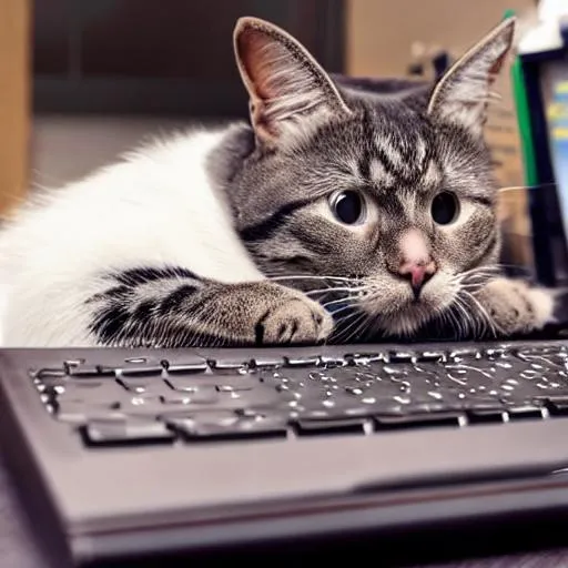 Prompt: a cartoon cat sitting on a computer keyboard

