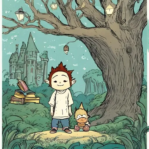 Prompt: Using the style of illustration from "Where The Wild Things Are" create a picture based on this poem:
Once upon a time, in a quiet little town,
Lived a boy named Min, who liked to sit down.
While other kids played, he would stay inside,
With books and puzzles, his joy could not hide.