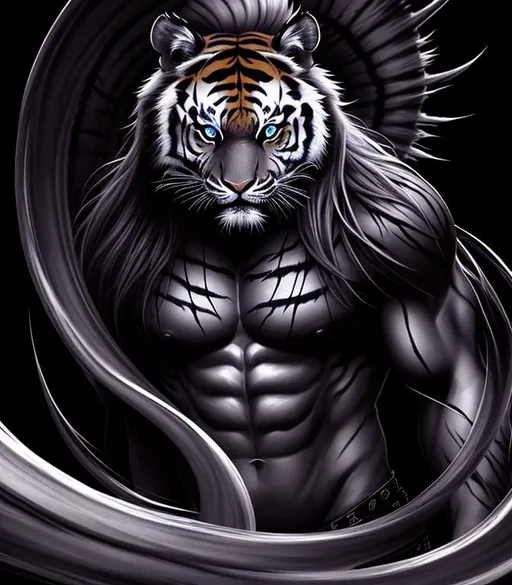 Prompt: Horror, twisted, scary, ominous, cinematic, 3D, HD, freeform dark chaos Beautiful!! {Man}Tiger as Warrior, detailed gorgeous face, Beautiful big reflective eyes, long flowing hair, expansive Jungle background, hyper realistic, 16K --s98500